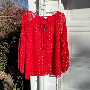 NWT Crown & Ivy Gorgeous Red Gold Rectangles Lined Tie Neck Fancy Blouse
